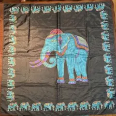 大判スカーフ　黒　ゾウ柄　88cm角 100%タイシルク