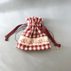 ギンガムチェック ねずみ巾着ポーチ ハンドメイド チーズチャーム付き