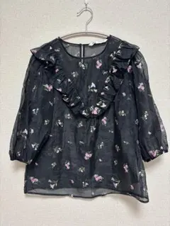ZARA ザラ シアー花柄トップス ブラック 黒 ピンク Mサイズ