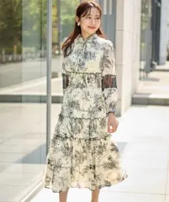 フリル&リボン付きウエストシャーリング星座トワストジュイ柄レース切替ワンピース