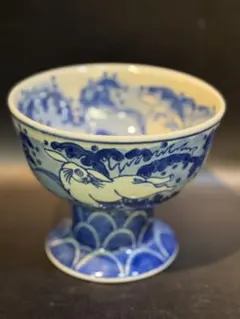 染付 兎 波文 高台鉢 陶器 抹茶碗 菓子鉢 波兎 盃洗　うさぎ　花器のサムネイル