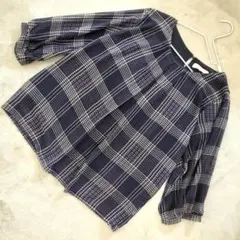 grove バルーンスリーブ シアートップス ネイビー チェック サイズL
