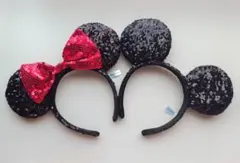 即日発送　ディズニー　ミッキー＆ミニー　スパンコールカチューシャセット　ブラック