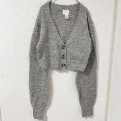 人気✨️H&M【XS】ショート丈 ニットカーディガン グレー ボリューム袖
