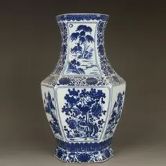清乾隆青花人物花鳥六方賞瓶 景徳鎮 陶磁器 装飾品 現代工芸品 美術品 置物 清乾隆青花人物花鳥六方賞瓶 景徳鎮 陶磁器 装飾品 現代工芸品 美術品