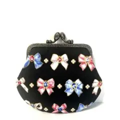 ブラック/大人可愛いリボン柄のがま口ポーチ(どんぐりげんこ)