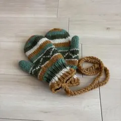 ハンドメイド　ニット　手編み　手袋　ベージュ　ミトン