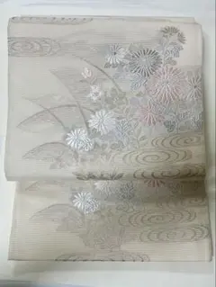 夏帯 正絹 名古屋帯 絽 綴れ ブルーグレー ベージュ白金くすみカラー