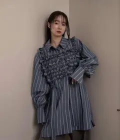 [mideal] フリルストライプチュニックシャツ