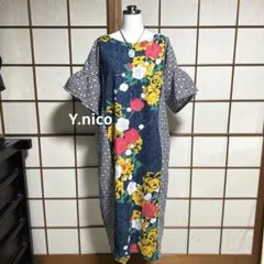 LL 浴衣リメイク 新品反物 赤地花模様フリル袖ゆったりワンピース ベルト無し LL 浴衣リメイク 新品反物 赤地花模様フリル袖ゆったりワンピース