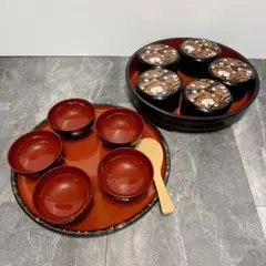 漆器 汁椀・蓋付小鉢・丸盆・寿司桶一式セット しゃもじ付き 昭和レトロのサムネイル