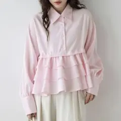 ★値下げしました★ ティアードフリル 細ストライプシャツ 長袖 ピンク