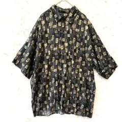 ビンテージ オーバーサイズ ブラック総柄 半袖シャツ 黒とベージュ模様