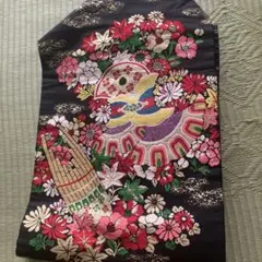 IO-9/21　アンティーク　九寸名古屋帯　黒地　笙　花柄　金　美品