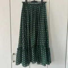 Q♡ グリーン ドット フレアー ロングスカート M 水玉 緑 × 白
