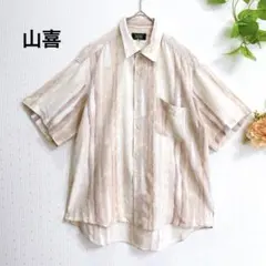 半袖シャツ　ベージュストライプ　麻混　とろみ素材　ウィメンズ　ゆったりサイズ　L