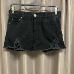 デニムショートパンツ.ダメージ加工.ブラック.サイズ2 (M)