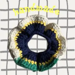 ハンドメイドニットシュシュ☺︎イエロー×ネイビー×グリーン