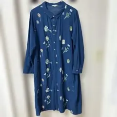super hakka 花柄刺繍 ネイビーシャツワンピース