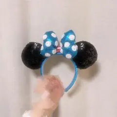 ディズニー カチューシャ スパンコール ミニー 水玉 ブルー＆ブラック