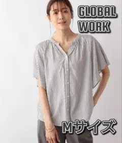 グローバルワーク　М　ネイビーストライプ サラサラリラックスプリントブラウス