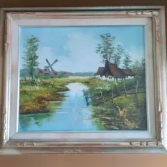 油彩画 風景画 風車と民家 額装付き