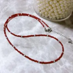 ロングネックレス50cm レッド シルバー