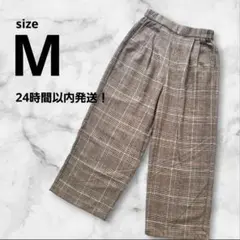 【美品】グレンチェック ワイドパンツ ブラウン 楽ちん ウエストゴム 秋冬