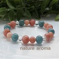 天然石ブレスレット　グリーン　オレンジ　パワーストーンブレスレット　No.69