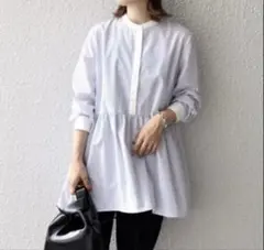 シップス ブロードペプラムブラウス ブルーストライプ 長袖 バンドカラー