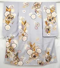 七五三 正絹 7歳 女の子 高級 着物◆淡グレー系 矢羽に花◆yurih1122