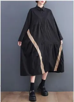 新品大きいサイズゆったりロングワンピース長袖秋冬シャツブラックレディースy