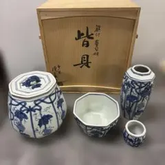 湖東窯 青華文 皆具 共箱 染付 水指 建水 杓立 蓋置 茶道具 【k3847