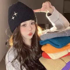 ブラック ニット帽 推し活 ユニセックス 冬コーデ クリスマス デートスター