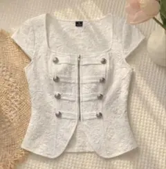 SHEIN ホワイト 半袖 ブラウス フロントジップ ナポレオン風