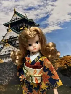 レトロリカちゃんミカン色のくちびるサイズ着物セット19。ハンドメイド