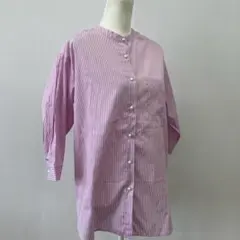 【a1978】ドレスキップ 長袖シャツチュニック ピンク ストライプ パールのサムネイル