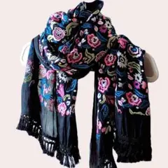 訳あり FRAY I.D フレイアイディー フラワー 花柄 刺繍 ストール 黒