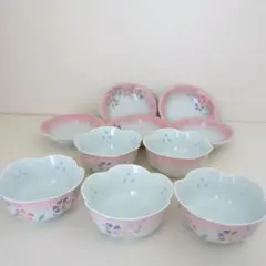 新品未使用★有田焼 雅峯 小鉢&小皿 5組 ピンク　花　ほたる焼き　蛍手