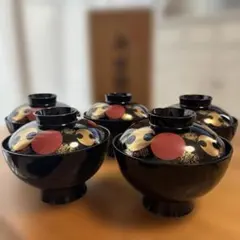 越前塗 越前漆器 吸物椀 蓋付き椀 煮物椀 5客 《未使用品》 四君子