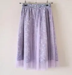フレアスカート　ミモレ丈　Sサイズ　花柄　パープル　チュールスカート　おまけ付き