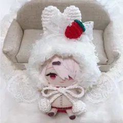10㎝ちびぐるみ　にじぱぺっと　ぬい服　うさ耳ボンネット　いちご赤18