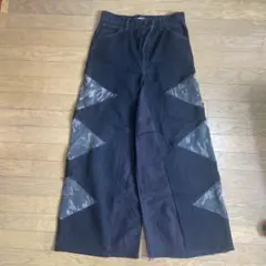 リメイク】再構築 ブラックデニム ダブルニー ワイドフレア バギー 