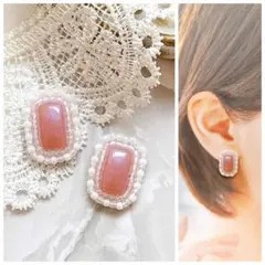 #94 上品かわいい ♡ ピンク × ホワイト ビーズ刺繍 ピアス/イヤリング