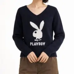 プレイボーイ PLAYBOY ニット セーター 長袖 Vネック ブラック Mのサムネイル