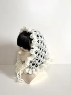 ふわっとゆるっとバブーシュカ 白 ハンドメイド かぎ編み ボンネット バラクラバ