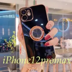 ブラックiPhone12promax用スマホケースリング付きカメラカバー一体韓国