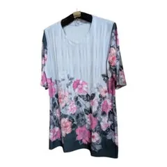 新品　レオナール風 カラフルな花柄♥ 五分袖チュニック グレー/ピンク♥