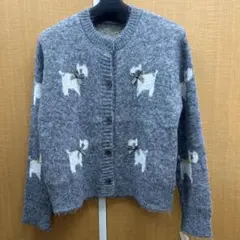 犬モチーフ刺繍 ニットカーディガン グレー