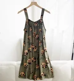 夏向き❤️パンダ柄ノースリーブひざ丈ワンピースルームウェアパジャマ